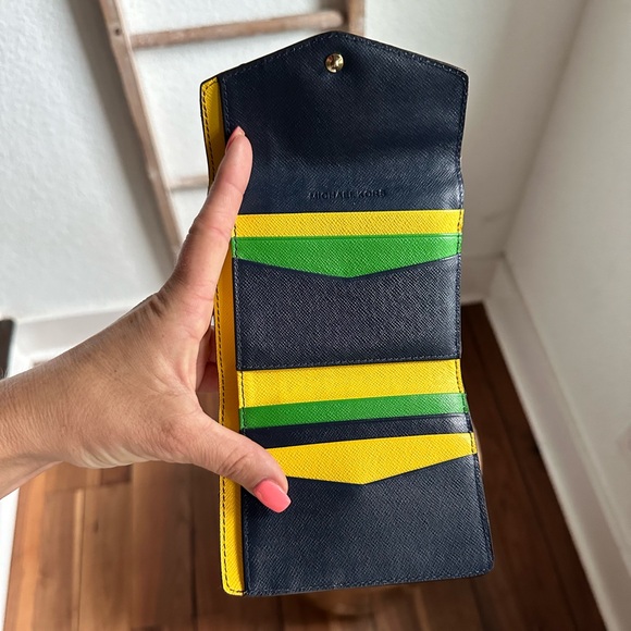 Michael Kors Yellow Navy Green TriFold Envelope Wallet - Picture 2 of 10